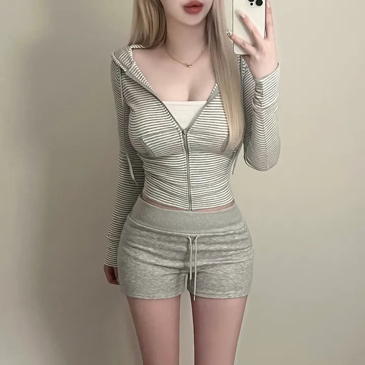 [말라핏] 스트라이프 단가라 슬림 골지 크롭 후드집업 상세 이미지 5