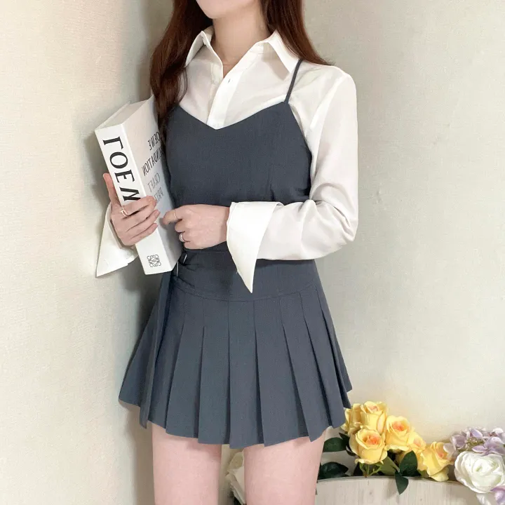 [SET가격] 크롭 뷔스티에 + 플리츠 더블 벨트 스커트 투피스 세트 3color 상세 이미지 5