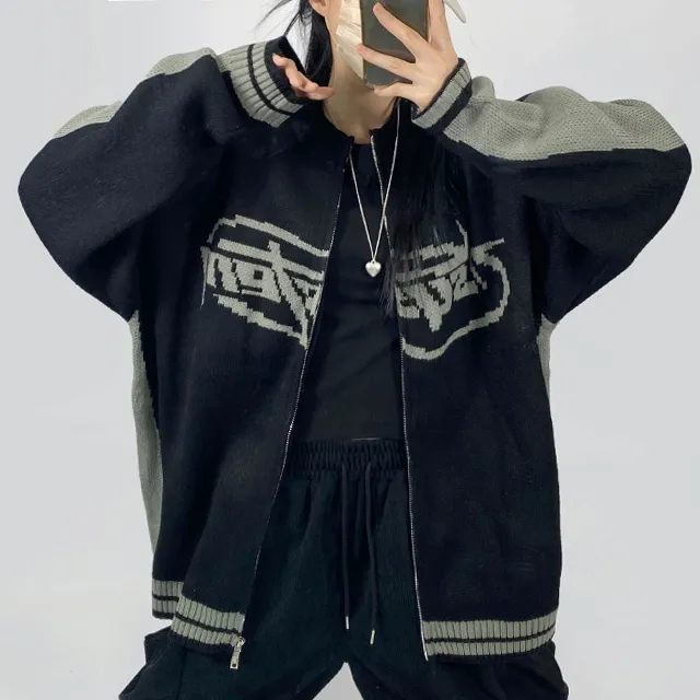 [~3XL] 빈티지 힙무드 박시니트집업💝 배색 나그랑 스트릿/투웨이 남녀공용 커플 빅사이즈 [4070] 상세 이미지 4