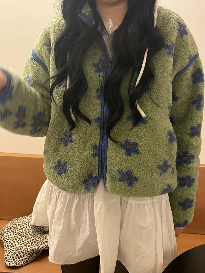 플라워 뽀글이 누빔 후리스 집업 상세 이미지 4