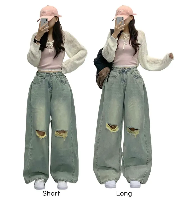 당일🚀[숏,롱/~XL/찐인생바지] 슬릿 찢청 폴딩 빈티지워싱 벌룬핏 옆핀턱 와이드팬츠 무릎트임 데님 청바지 기장선택 빅사이즈까지 오버핏팬츠 여름청바지 상세 이미지 4