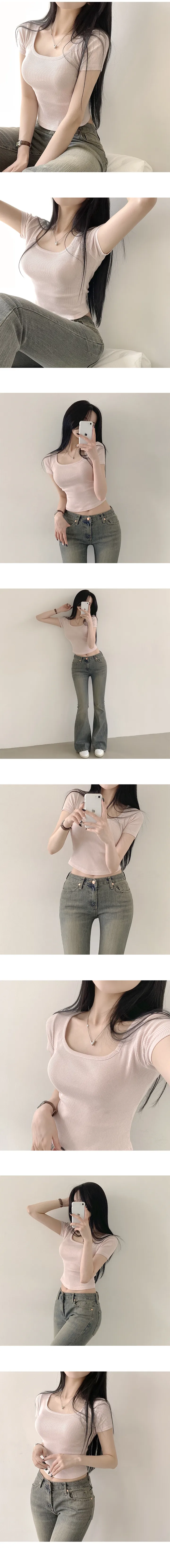 [쫀쫀!,슬림핏/필수템] 몸매 예뻐보이는, 쫀득 스퀘어넥 골지 크롭 반팔티셔츠 (10color) 상세 이미지 4