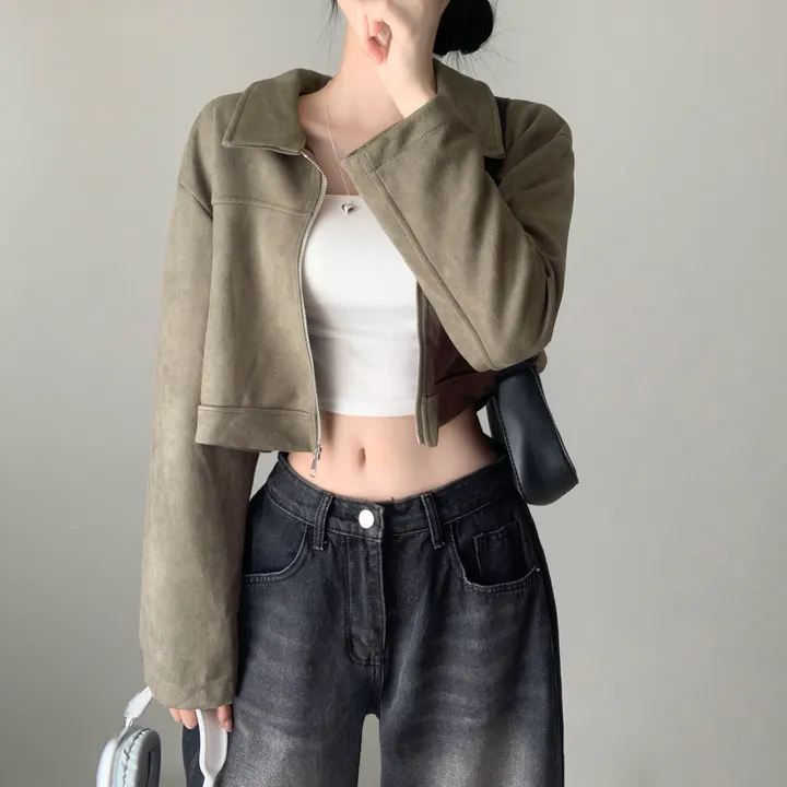 [갓성비템/보들원단!] 메드 카라 스웨이드 절개 긴팔 숏 크롭 자켓 점퍼 상세 이미지 20