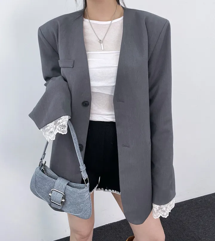 *핏대박레이스자켓* 봄옷 자켓 오버핏 레이어드 레이스 노카라 자켓 박시핏 봄아우터 봄자켓 레이스자켓 상세 이미지 42