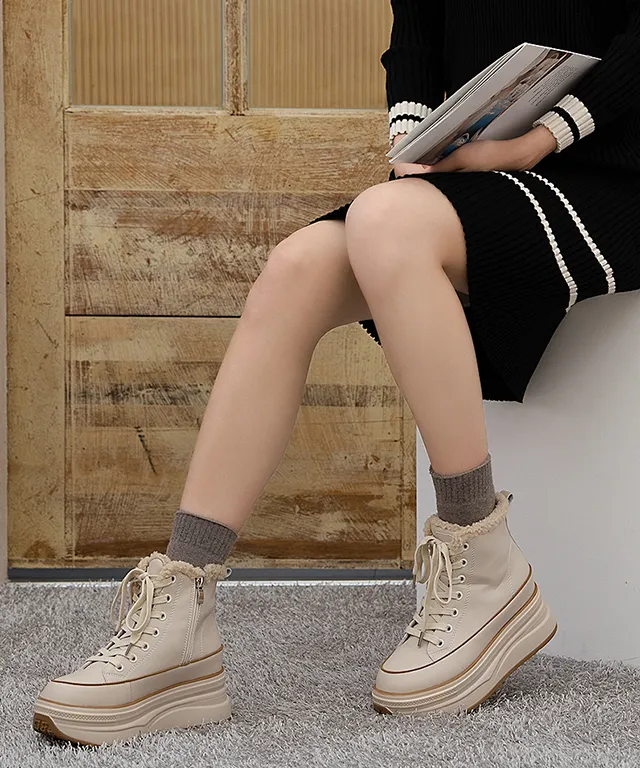 (천연소가죽) 5.5cm키높이 기모 통굽 하이탑 패션 스니커즈