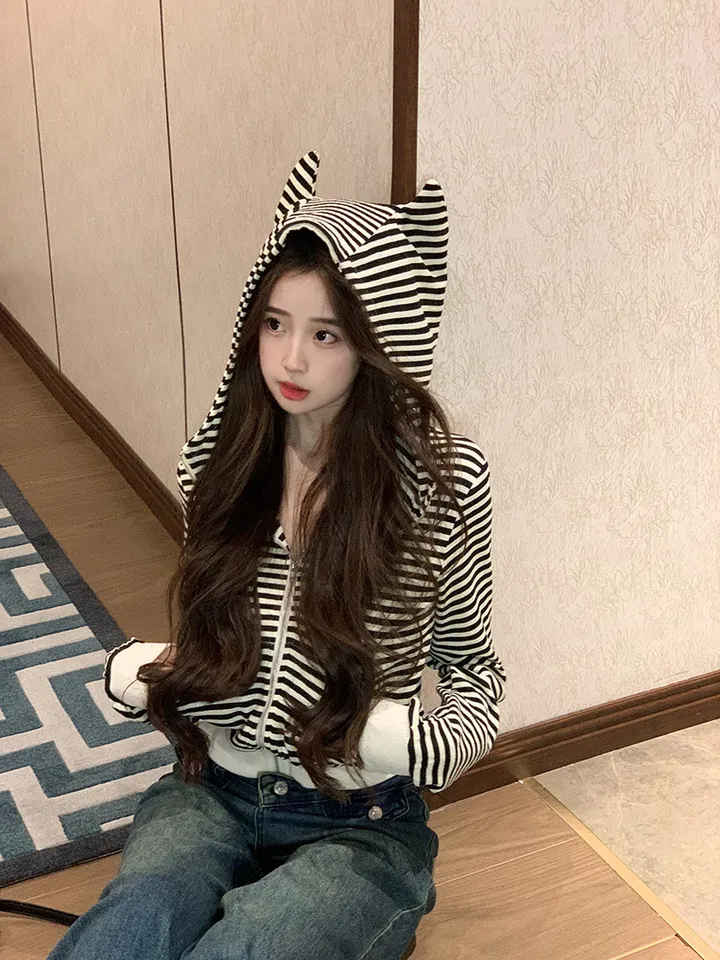 [인기🖤/빈티지]캣츠 스트라이프 후드집업 1color 슬림핏 여리핏 후드 후드집업 단가라 스트라이프 빈티지후드집업 y2k 펑크 고스룩 유니크 크롭 고양이 뿔후드 유니크 봄 상세 이미지 14