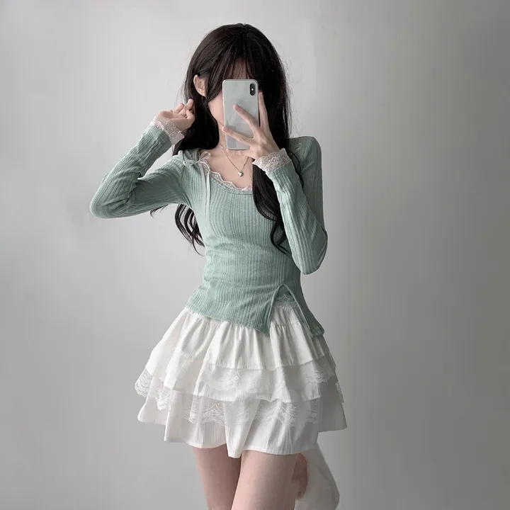 [은은한펄/러블리] 트윙클 골지 슬릿 펄 긴팔 티셔츠+레이스 리본 나시&슈아 밴딩 캉캉 미니 스커트 투피스 쓰리피스 코디세트 단품 세트 상세 이미지 16