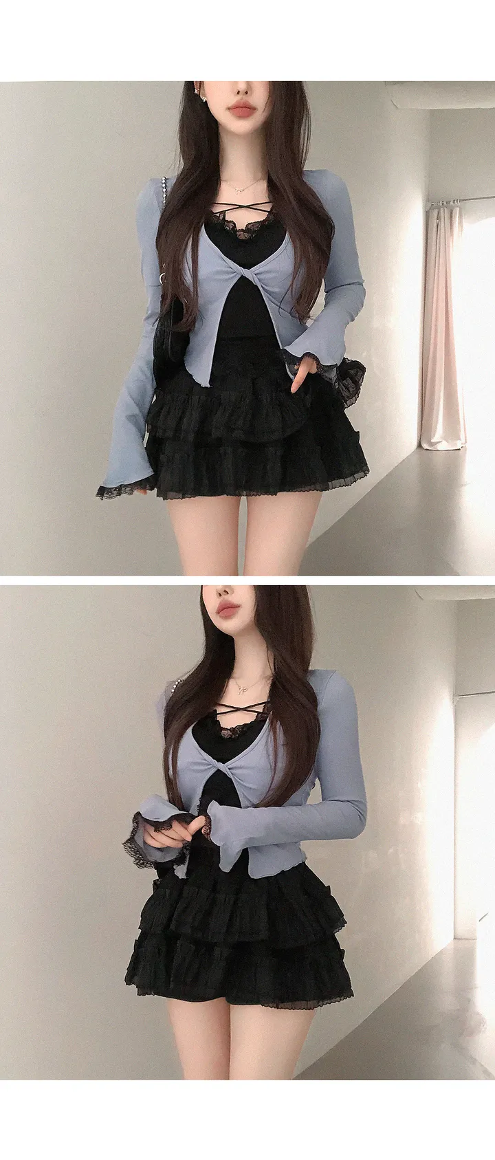 🖤전부세트!🖤 리벨 레이스나시 일체형 가디건 + 프릴 캉캉 미니 스커트 투피스 세트 봄투피스 봄세트 봄옷 봄신상 상세 이미지 4
