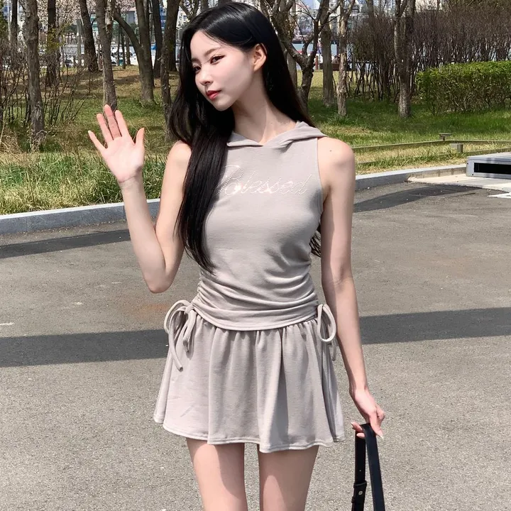 [유니크🖤] 미니 후드 세트 / 후드티 반팔티 투피스 치마바지 플레어 플리츠 레이어드 스커트 민소매 오프숄더 여름반팔 셔링 크롭티 크롭반팔 미니스커트 캉캉치마 캉캉스커트 블랙 상세 이미지 44