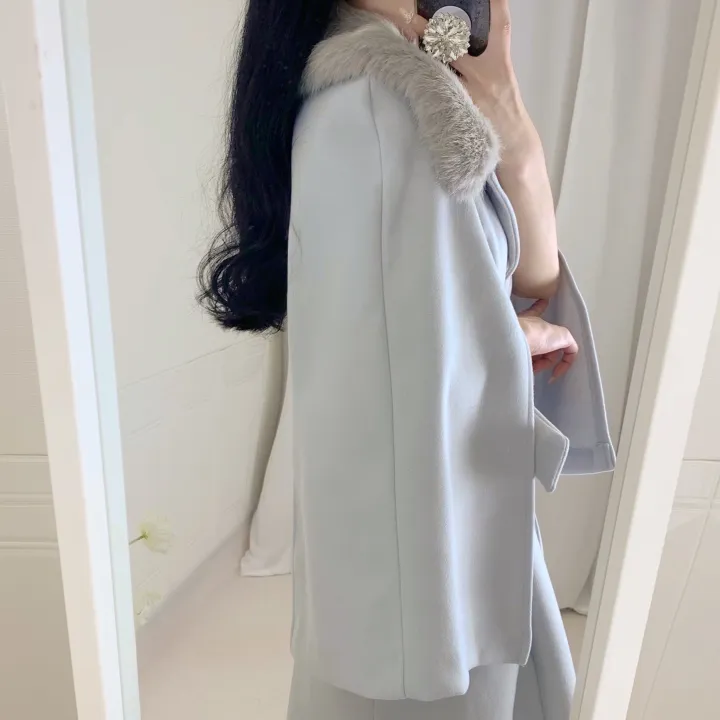 [롱케이프코트💗/고퀄보장✨] 롱VER. 알콩 울 캐시미어 폭스퍼 페이크퍼 밍크퍼 누빔안감 케이프 벨트 버튼 고급 우아 롱 판쵸 코트 망토 자켓 (4color) 연말룩 크리스마스 상세 이미지 34