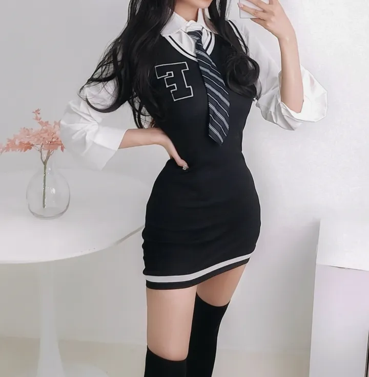 타이 니트원피스 쓰리피스 셔츠원피스 조끼 하이틴 투피스세트 프레피룩 뉴진스룩 놀이동산 놀이공원 교복 y2k 상세 이미지 3