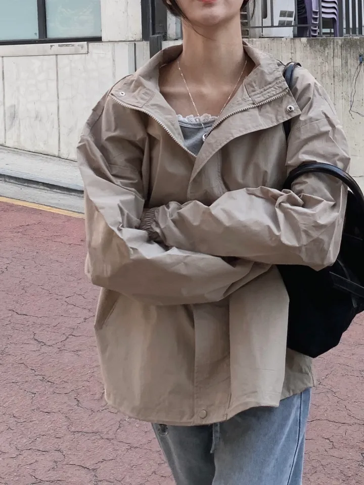 [트렌치 바람막이🤍/아우터맛집!] 트렌치바람막이 야상 하이넥 바람막이 숏트렌치 간절기아우터 데일리룩 숏야상 봄 자켓 오버핏자켓 상세 이미지 18