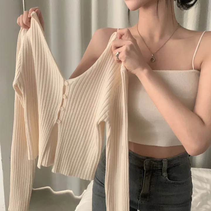 [선택가능/국내*.*] 청순한 무드, 골지 크롭 니트가디건+홀터 끈나시 셋업 - 5color 상세 이미지 7