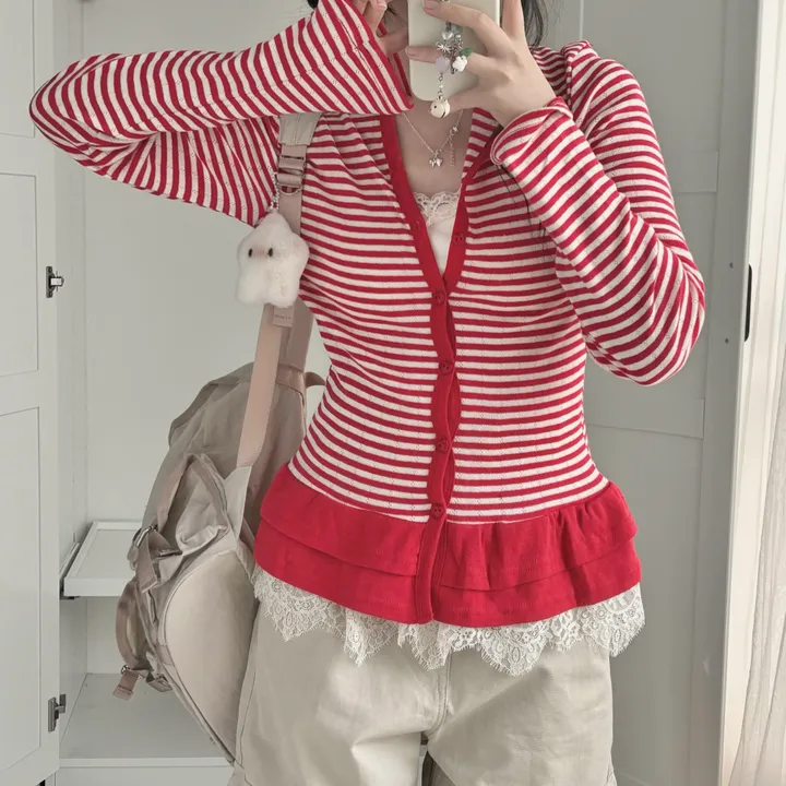 [하트단추🖤/스카시 펀칭] 말라핏 스트라이프 프릴 가디건 상세 이미지 43