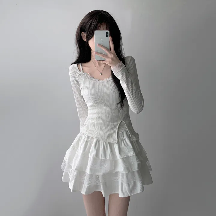 [은은한펄/러블리] 트윙클 골지 슬릿 펄 긴팔 티셔츠+레이스 리본 나시&슈아 밴딩 캉캉 미니 스커트 투피스 쓰리피스 코디세트 단품 세트 상세 이미지 17