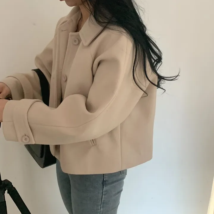 봄가을 크롭재킷 오버핏 아이보리 블랙 싱글버튼 숏코트 상세 이미지 29