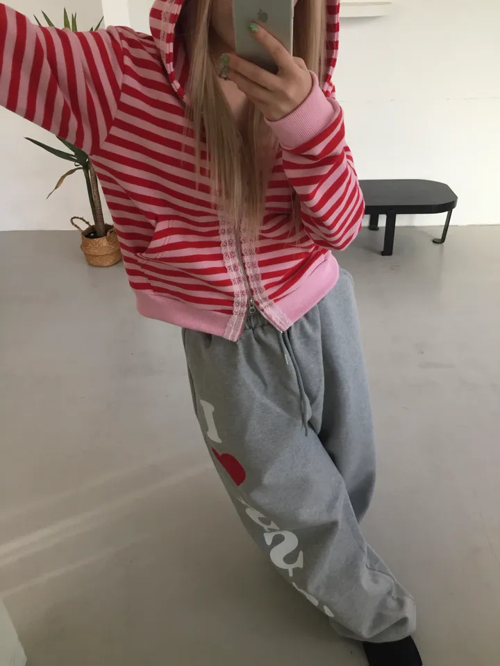 striped lace hooded zip-up [3color] 상세 이미지 4