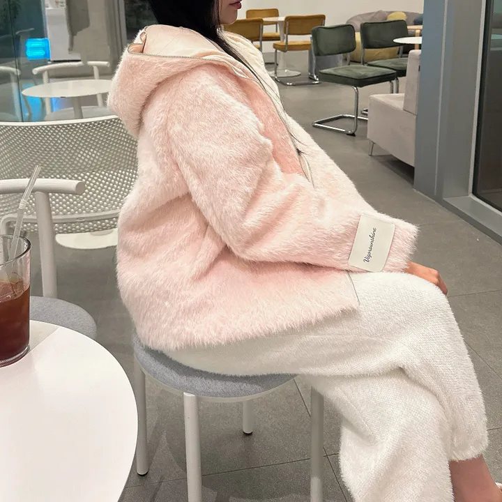 [러블리⛄/털빠짐X] 핑키 딸기우유 소프트 후드 퍼 뽀글이 앙고라 코트 집업 자켓 상세 이미지 19