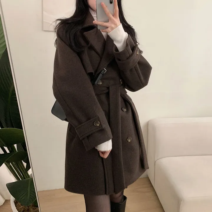 [누빔안감, 하객룩추천] 차분한무드 허리잘록 더블버튼 트렌치 하프 코트 상세 이미지 14