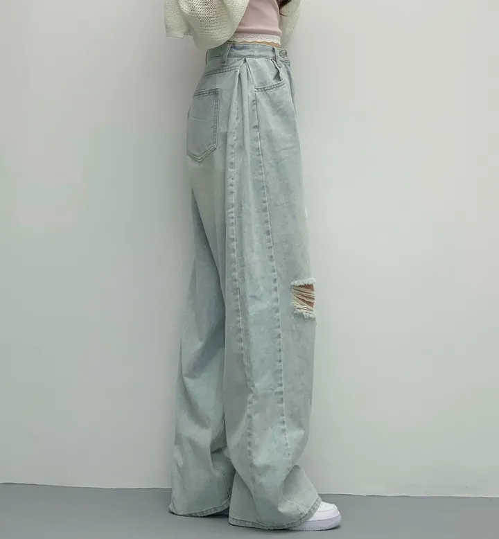 당일🚀[숏,롱/~XL/찐인생바지] 슬릿 찢청 폴딩 빈티지워싱 벌룬핏 옆핀턱 와이드팬츠 무릎트임 데님 청바지 기장선택 빅사이즈까지 오버핏팬츠 여름청바지 상세 이미지 12