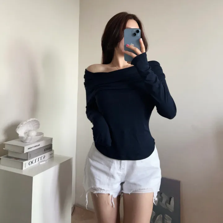 밑단u![군살커버여유핏/살짝오프숄더-]가슴안감으로 비침없는, 드레이핑 셔링 밑단 라운드 굴림 언발 쫀득 고퀄 분위기 여신 긴팔 크롭 루즈핏 티셔츠 (4col):리틀페어리 상세 이미지 11