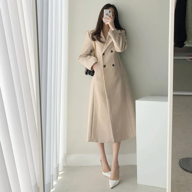 A라인 슬림 롱 플레어 더블 버튼 울코트 블랙 베이지 상세 이미지 37