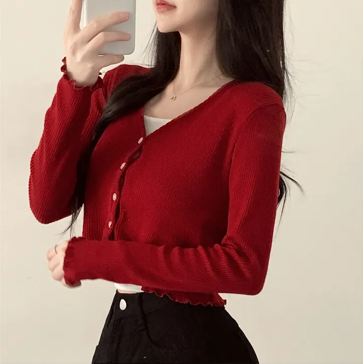 [봄신상/색감맛집] 물결 니트 브이넥 크롭 가디건 상세 이미지 7