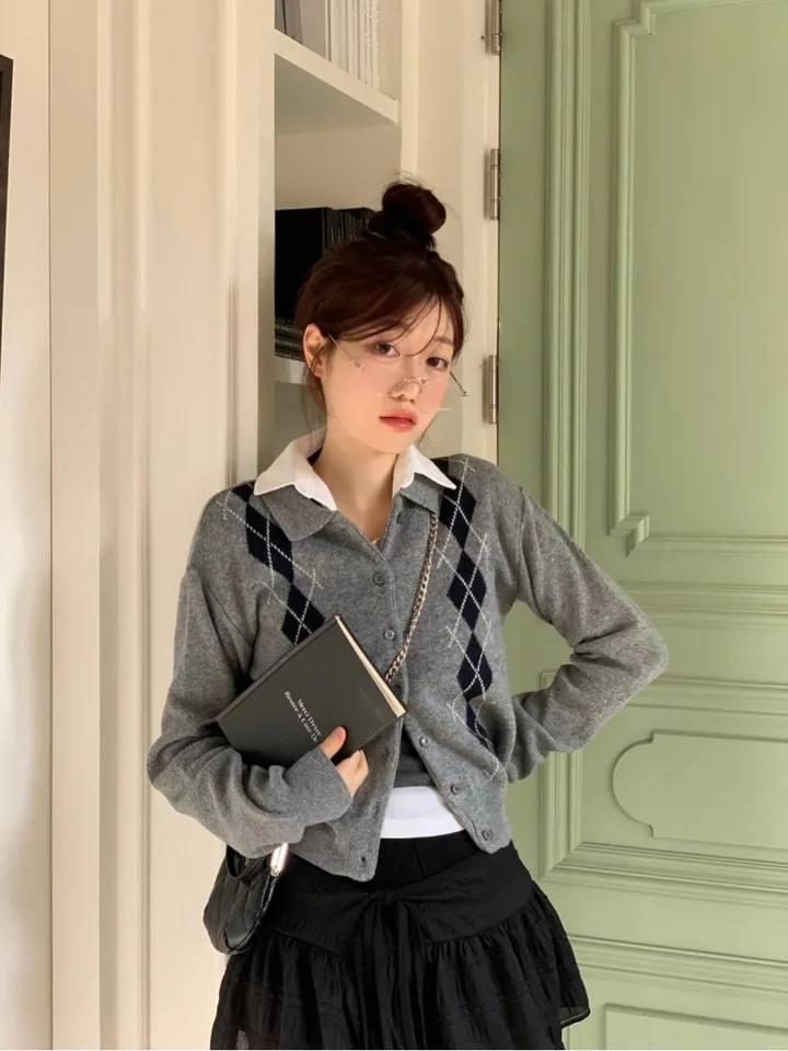 [캐시미어가디건ෆ잘록핏]르본 배색 아가일 패턴 잘록 시보리 카라넥 캐시미어 울니트 버튼 가디건 4color 상세 이미지 22