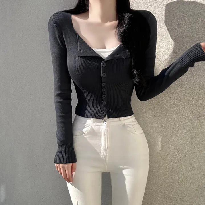 [최저가보장!!/허리잘록/벌어짐X] 청순 글램 소프트 무지 스퀘어넥 허리시보리 골지 니트 가디건 봄신상 세미크롭 데일리 데이트룩 여친룩 베이직 기본 긴팔 티셔츠 개강룩 상세 이미지 9