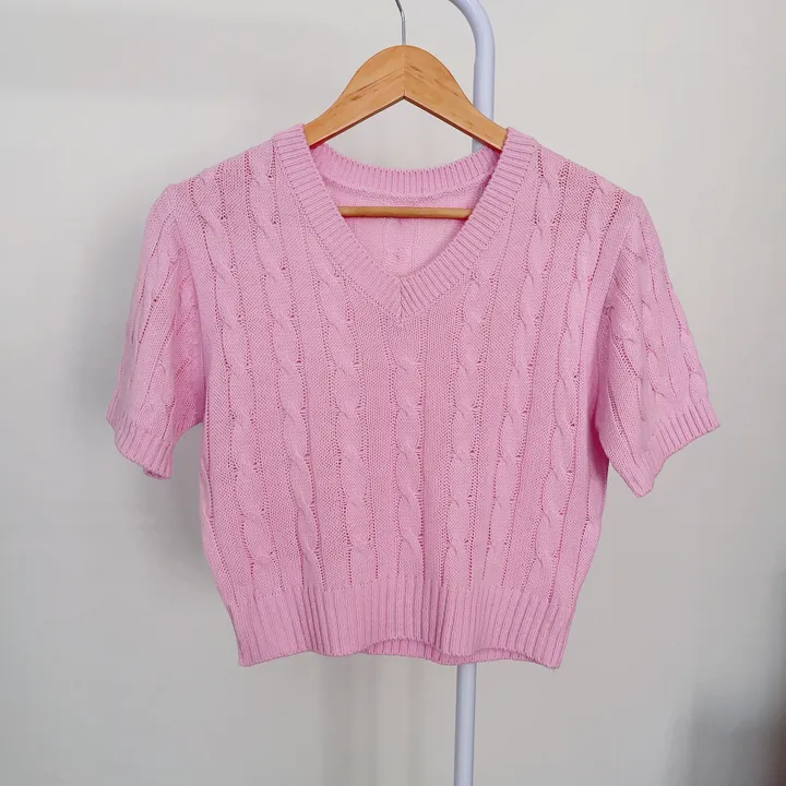 (6color/최저가 보장!) 실물보장! 색감에 반한, 마카롱 꽈배기 브이넥 크롭 반팔 니트 상세 이미지 40