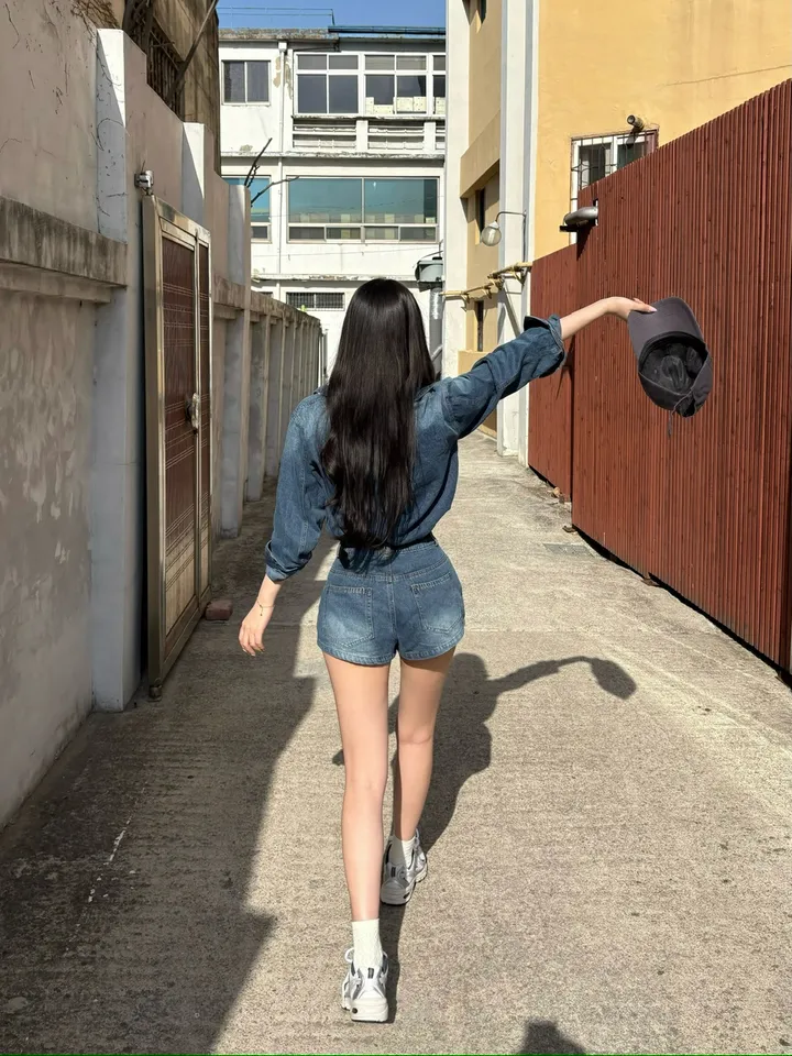 (벨트포함/S,M) 청청 루즈핏 데님 셔츠 + 데님 숏 반바지 벨트 팬츠 set 상세 이미지 6