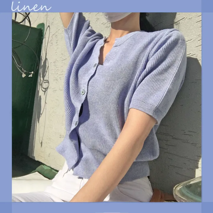 [린넨15%] 부드럽게 착- 반팔 린넨 가디건 / 하찌 넥트임 버튼 반팔티 상세 이미지 13