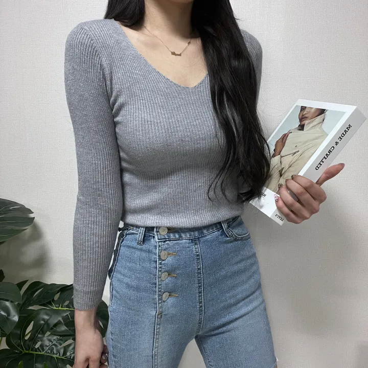1000장 돌파! 🚀당일발송!🚀✨진짜최저가보장✨ 🎊봄까지 쭉!🎊 주문폭주 🎀리뷰극찬🎀 2개 구매시 묶음할인! 기본 슬림 골지 브이넥 니트 긴팔티 상세 이미지 28