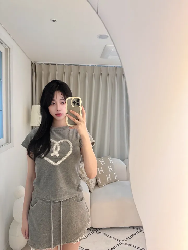 벨로아 피치 진주 하트 레이스 치마바지 투피스 세트 (2color) 상세 이미지 19