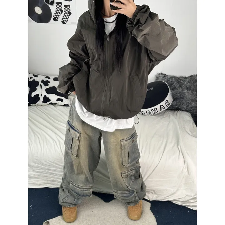 [재진행/UNISEX]고프 후드 루디 컬러 힙 윈드 집업 점퍼(chacoal,wine,blue) 상세 이미지 4