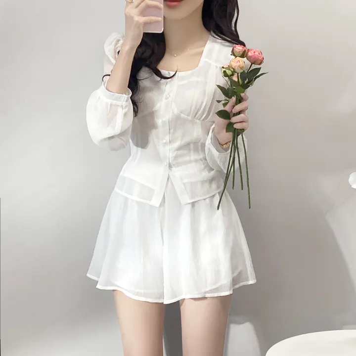 [🚀당일발송/세트가격🌸/3color/데이트룩!] 밀키웨이 청순 여신 리본 스퀘어넥 쉬폰 시스루 셔링 프릴 블라우스 밴딩 A라인 플리츠 팬츠 미니스커트 벚꽃룩 봄투피스 셋업 상세 이미지 4