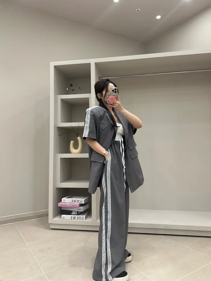 (프리미엄,핏보장,빅사이즈가능)트렌디한 자수레이스 배색 자켓팬츠세트 상세 이미지 3