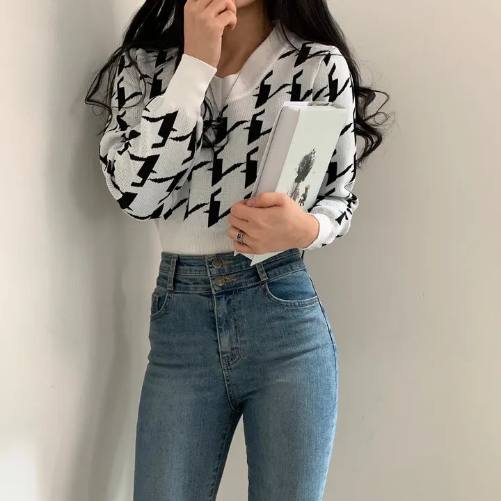 [몸매보정] 잘록한 체크 크롭 브이넥 배색니트;2col 상세 이미지 30