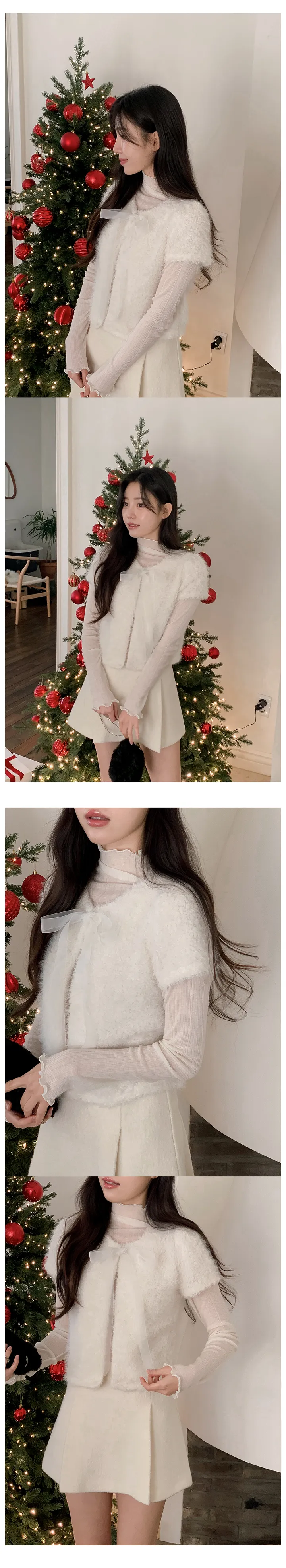 [하객룩][리본탈부착가능][리본 셋트][MADE][자체제작][국내 생산]스노우 시어 쉬폰 리본 퍼 반팔 가디건 (3color) 상세 이미지 34