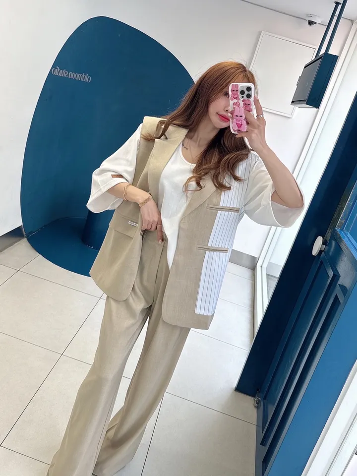 [패드내장/뒷패치/세트가] 왕 패드 포켓 패치 루즈핏 배색 스트라이프 베스트 조끼 린넨 자켓 + 하이 롱 와이드팬츠 슬랙스 투피스 셋업 (2COLOR) 상세 이미지 6
