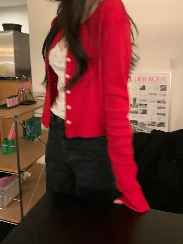 [ 3천장돌파 ] 펀칭가디건 크롭 라운드 가디건 루즈핏 레드가디건 빨간가디건 라운드넥가디건 빈티지가디건 상세 이미지 14