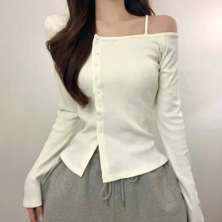 [청순섹시/쫀쫀] 원 오프숄더 사선 골지 버튼 가디건 긴팔티 (3color) 상세 이미지 1