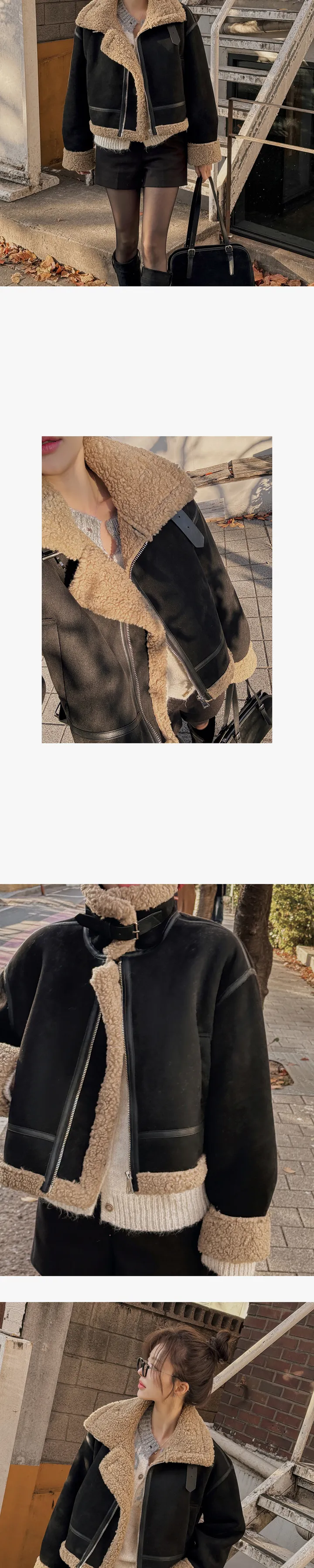 [겨울아우터❄️/무스탕🐻/스웨이드자켓] 치비타 하이넥 버클 지퍼 포켓 레더포인트 양털배색 스웨이드 크롭 무스탕 상세 이미지 20