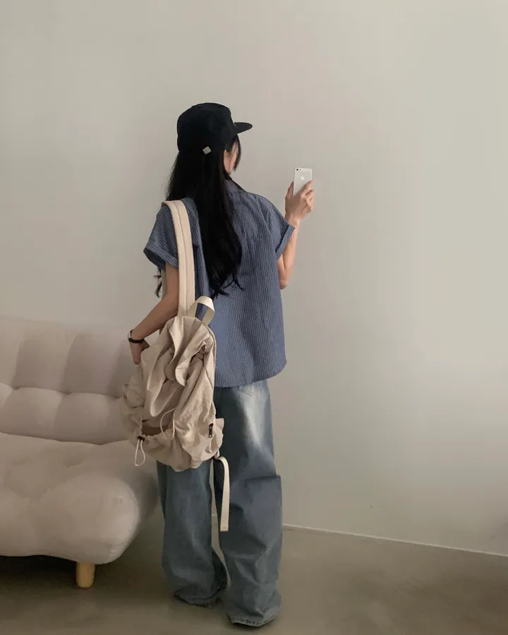 [빈티지🤍/여름셔츠] 샌드 스트라이프 루즈핏 롤업 반팔셔츠,남방 - 3color 상세 이미지 32