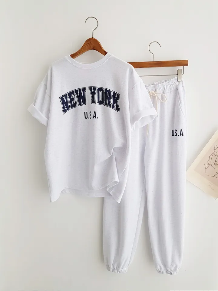 [데일리SET] NEW YORK 프린트 반팔티셔츠 오버핏반팔 밴딩팬츠 조거팬츠 조거바지 트레이닝세트 반팔세트 조거세트 츄리닝세트 이지웨어세트 여름트레이닝복 운동복세트 공항룩 상세 이미지 7