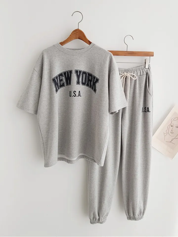 [데일리SET] NEW YORK 프린트 반팔티셔츠 오버핏반팔 밴딩팬츠 조거팬츠 조거바지 트레이닝세트 반팔세트 조거세트 츄리닝세트 이지웨어세트 여름트레이닝복 운동복세트 공항룩 상세 이미지 8