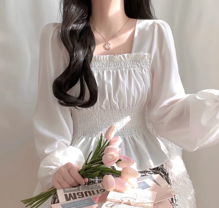[체형보정/살랑쉬폰] 샤인 스퀘어넥 프릴 셔링 스모크 밴딩 퍼프 블라우스 상세 이미지 6