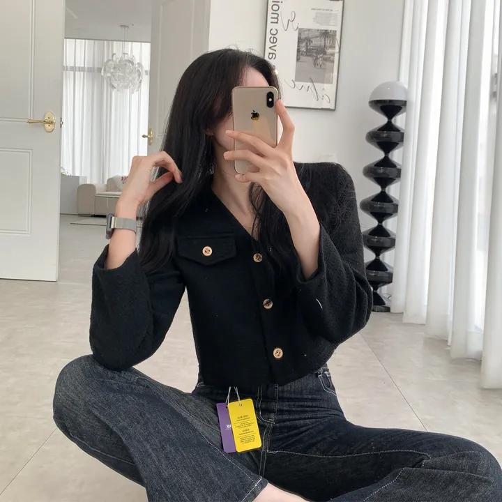 [부분 당일배송🎀1000장돌파!! 리뷰극찬🔥컬러추가!] 트위드 세미 크롭 자켓 노카라 간절기 하객룩 숏자켓 핑크 아이보리 블랙 네이비 - 5colors 상세 이미지 12