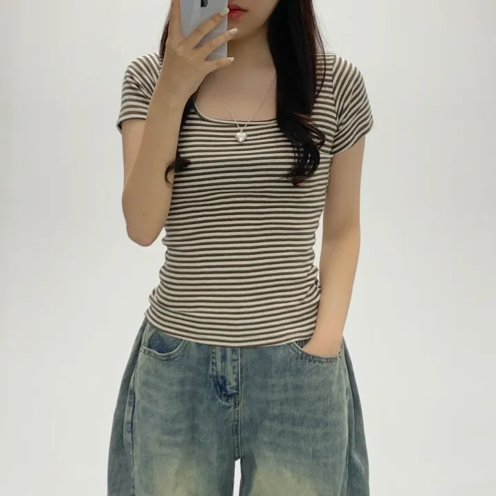 [슬림여리핏/핏보장] 제나 라운드 줄무늬 단가라 반소매티셔츠 여름반팔 기본티셔츠 (3Col) 상세 이미지 3