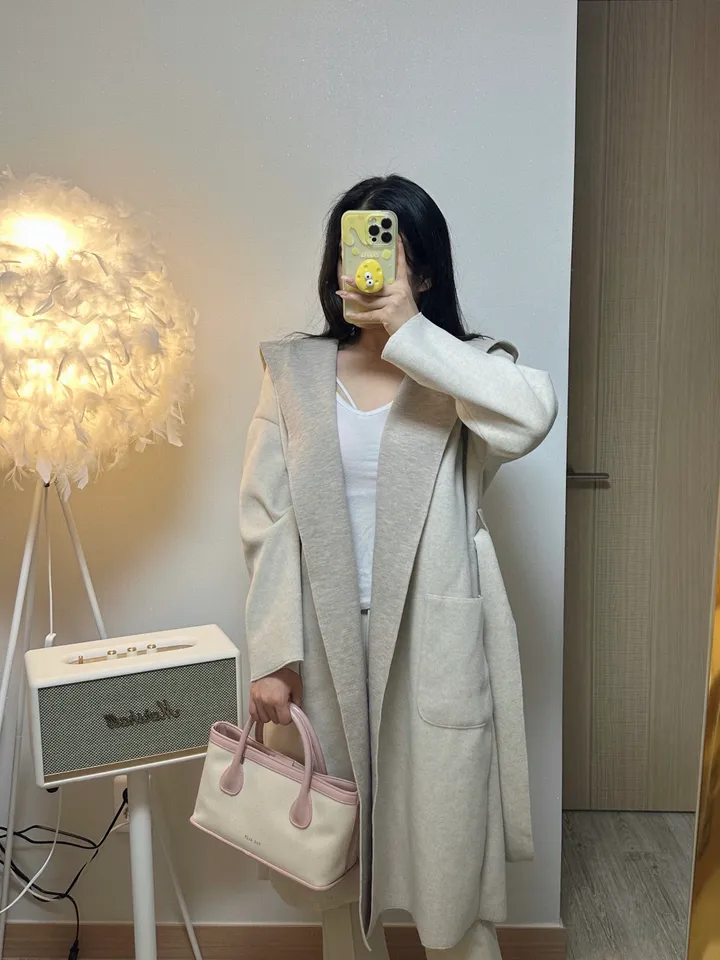 울 배색 벨트 후드 숄 코트 가디건 상세 이미지 10